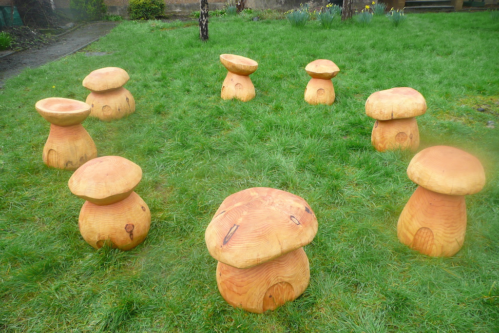 wooden toadstool seating hand carved wildchild designs
